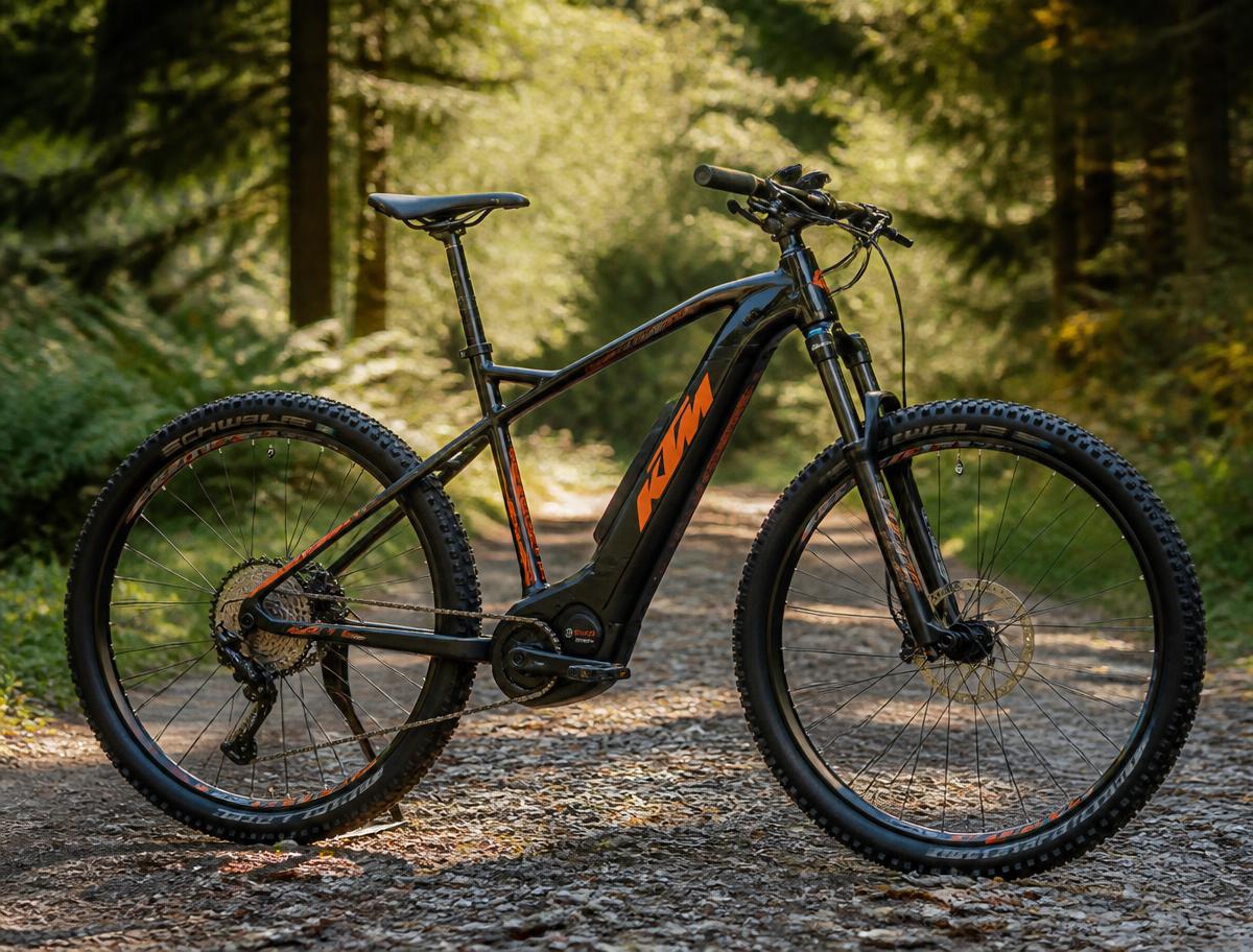 Fekete-narancs KTM Macina Ride 591 elektromos hegyikerékpár erdei földúton
